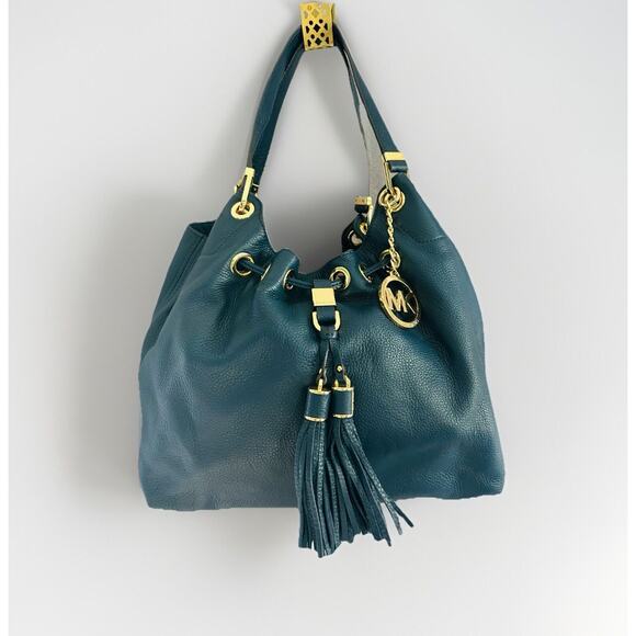 Michael Kors Navy Blue Camden Drawstring Leather Shoulder Bag Tassel Satchel MK - Picture 7 of 16